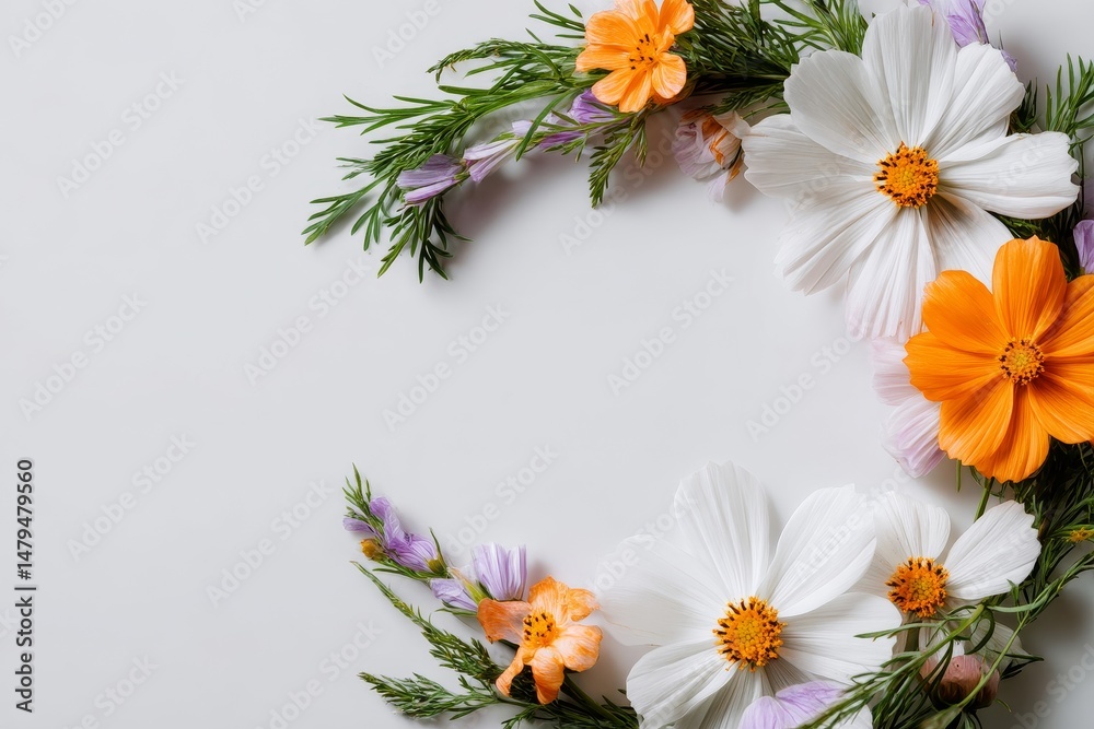 Fototapeta premium Floral arrangement in a crescent shape on a light background.