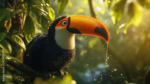 water drops falling through toucan beak in the rainy forest defocused background. wildlife photography concept