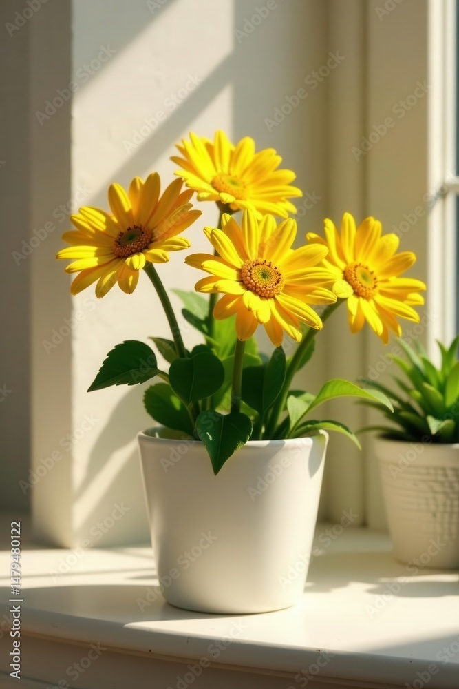 Fototapeta premium Sunlit yellow daisies in a pristine white pot brighten a room's ambiance , white pot, floral