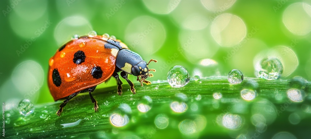 Obraz premium Seven-Spot Ladybird Crawling on a Green Blade of Grass with Water Drops on a Sunny Summer Day