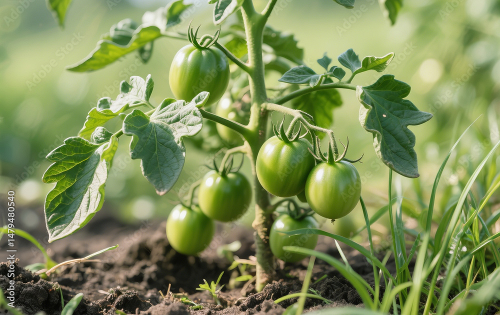 Tomato plants thrive in fertile soil, surrounded by wild grass. Green, unripe tomatoes hang beneath imperfect leaves, adding a raw, natural touch. Bright lighting enhances the fresh, organic feel. Tomato plants thrive in fertile soil, surrounded by wild grass. Green, unripe tomatoes hang beneath imperfect leaves, adding a raw, natural touch. Bright lighting enhances the fresh, organic feel.