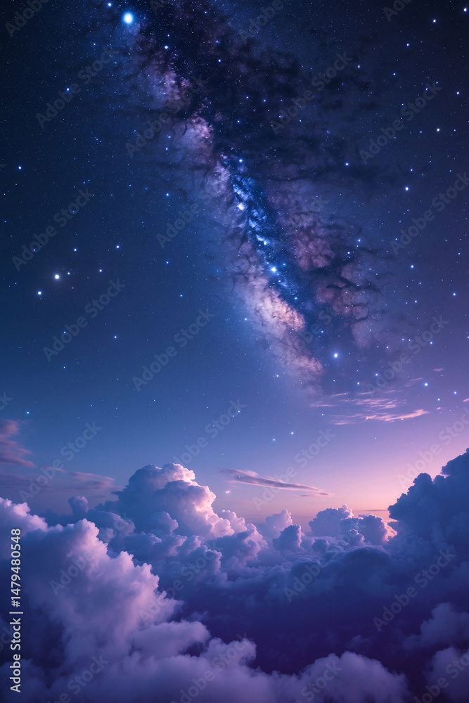 Fototapeta premium moon glowing in purple night sky artwork featuring nebula clouds and cosmic stars visible from aerial fantasy illustration perspective anime aesthetic wallpaper background