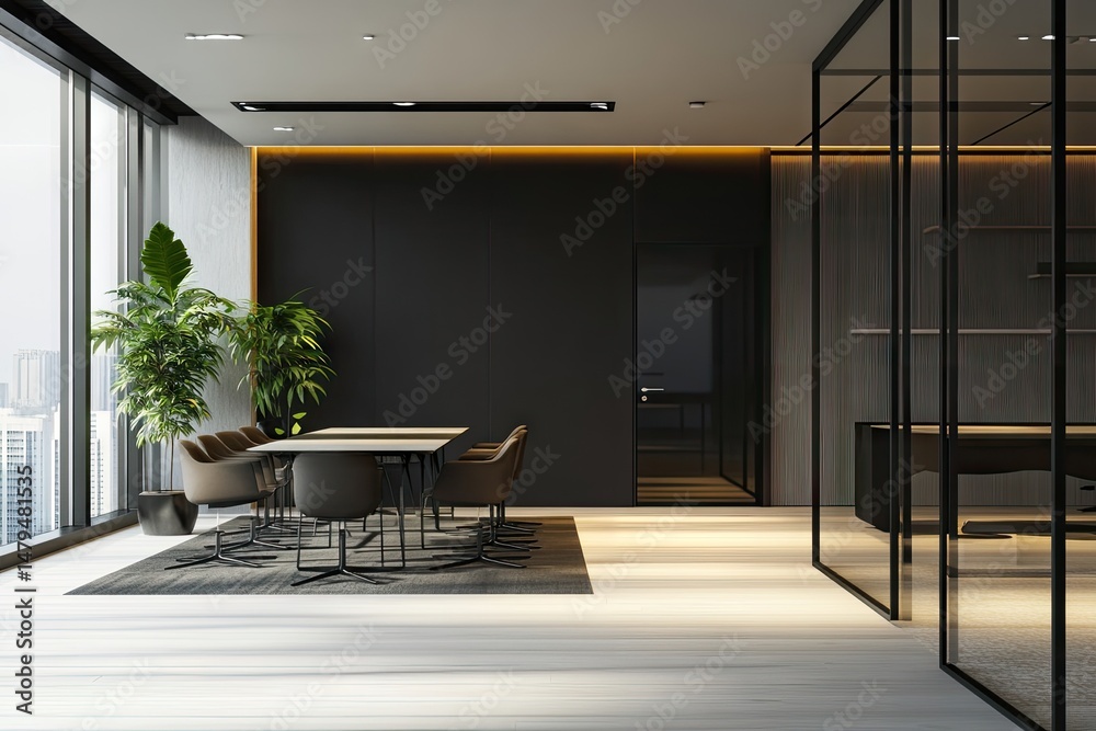 Fototapeta premium Modern office interior showcasing a spacious and well-lit workspace with sleek furniture. large windows revealing a city skyline. and a minimalist design aesthetic