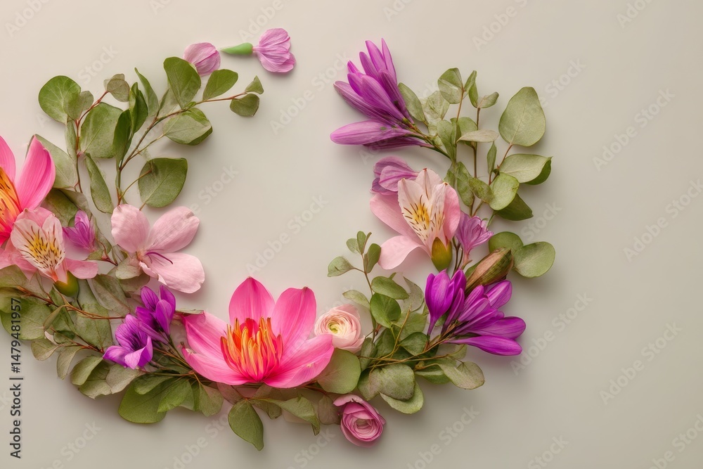 Floral arrangement in a circular design on a light background. Floral arrangement in a circular design on a light background.