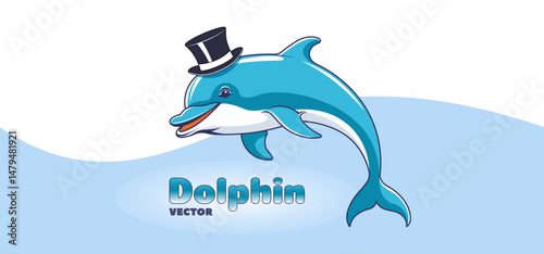 Vector cute cartoon funny kind curved smiling dolphin in top hat. Toon marine friendly smart mammal. Underwater beautiful fauna. Oceanic and sea nature