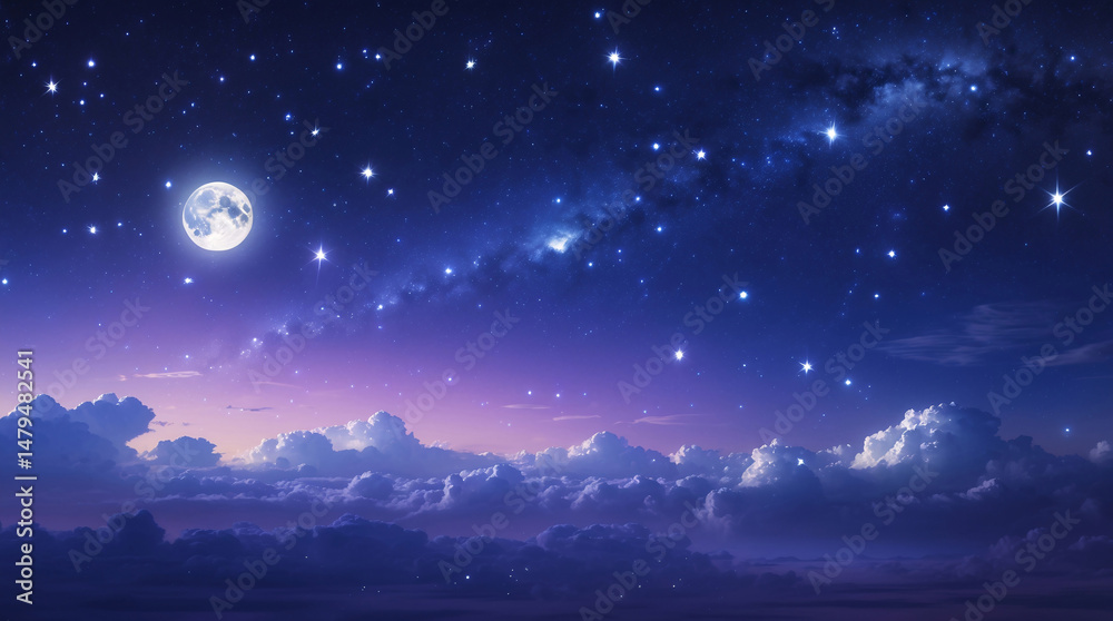 Fototapeta premium night sky illustration with glowing purple moon celestial star field and atmospheric nebula visible from fantasy style aerial perspective anime aesthetic wallpaper background