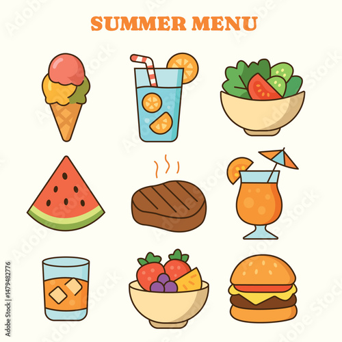 A vector icon set of summer menu items. Includes ice cream, lemonade with orange slices, salad, watermelon, grilled steak, cocktail with umbrella, whiskey with ice, fruit bowl, and a cheeseburger.