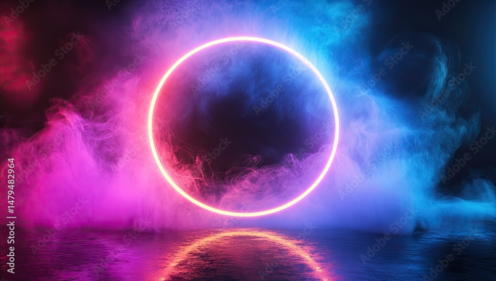 A vibrant neon circle illuminated against a misty backdrop. creating a surreal ambiance in a darkened space. ideal for creative projects or digital art A vibrant neon circle illuminated against a misty backdrop. creating a surreal ambiance in a darkened space. ideal for creative projects or digital art