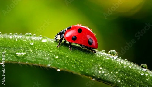 Primer plano de una mariquita posada sobre una hoja. Las gotas de rocío aportan un toque fresco a la escena. Elfo rojo; primer plano; enfoque selectivo.