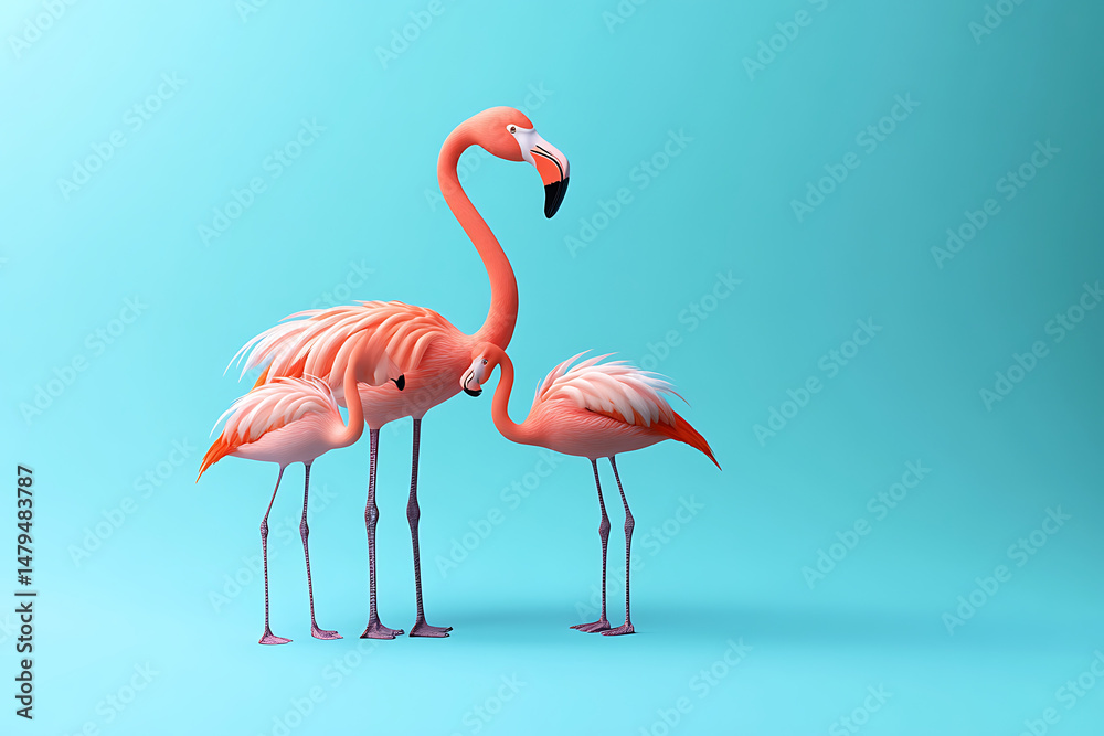 Obraz premium Three vibrant flamingos standing gracefully against a soft blue background, showcasing their elegance