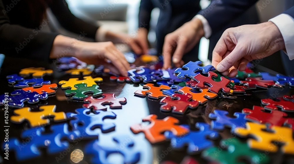 Fototapeta premium Diverse hands solving a puzzle