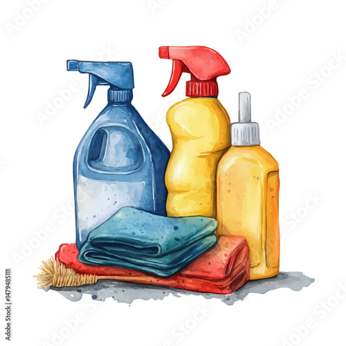 watercolor of Cleaning Supplies, isolated on a white background.