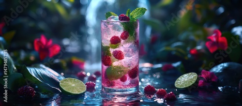 Raspberry Mojito Cocktail Tropical Background photo