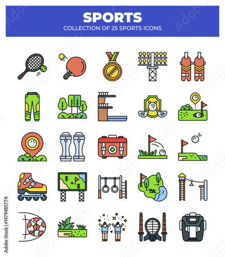 Collection of 25 Sports Icons.  A Vibrant Set of Sport Equipment and Activities