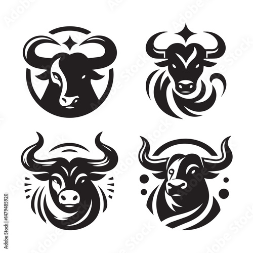 black Set of vector black silhouettes of bull icon isolated a white background