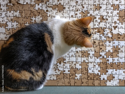Puzzle feeder with pet solving it, brainy action shot on a sage backdrop