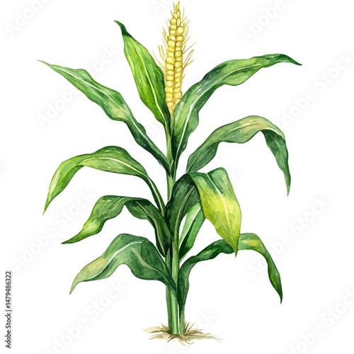 Corn Plant, watercolor vector, isolated on a white background.