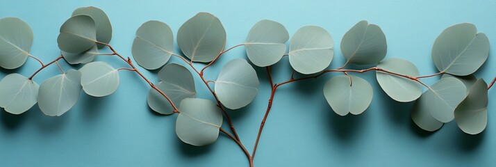 Eucalyptus branch. Green eucalyptus leaves on a blue background, flat lay, top view, copy space