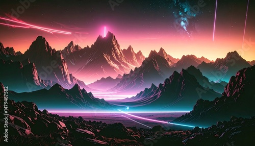Synthwave retro cyberpunk style landscape background banner or wallpaper