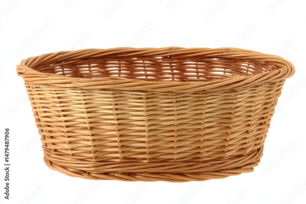 A light brown wicker basket, oval-shaped, sits empty against a stark white background. The intricate weave is clearly visible. A light brown wicker basket, oval-shaped, sits empty against a stark white background. The intricate weave is clearly visible.