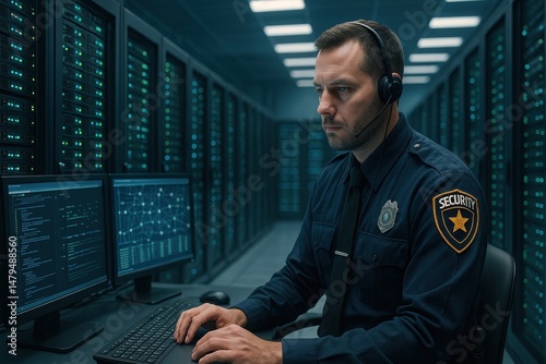 Focused Security Officer Monitoring Servers in a Dark Data Center
