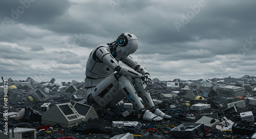 Sad Robot Sitting in Landfill Under Cloudy Sky
