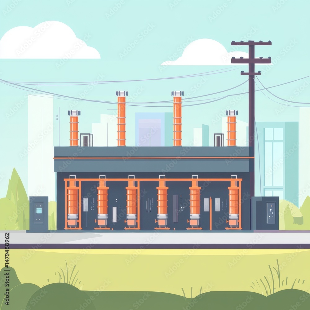 Obraz premium Industrial plant illustration showcasing power generation and distribution in a city environment with electric pole and power lines