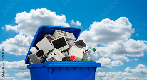 Recycling Bin Overflowing with Electronics and Plastic