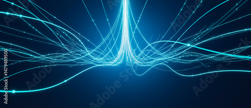 3D rendering glowing lines converging into central beam of light
