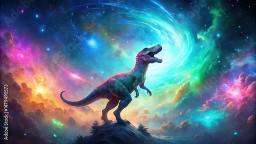 Fototapeta Naklejka Na Ścianę i Meble -  A Majestic Prehistoric Creature Roars Against a Vibrant Cosmic Backdrop of Nebulae and Celestial Bodies