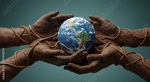Earth Held by Hands Tied with Rope