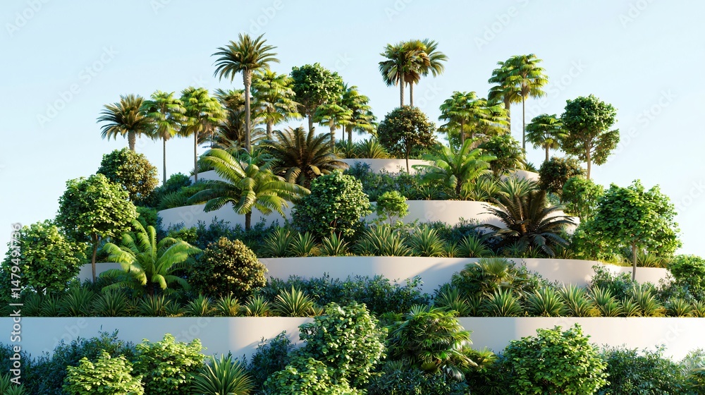 Fototapeta premium background of wild jungle hill covered with varied vegetation layers, ferns, tropical palms, and tree clusters, visible slope structure, volumetric light adds drama and realism to the composition