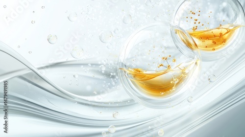 Golden liquid in glass spheres on fluid backdrop: Golden serum encapsulated within pristine glass spheres cascade against flowing fluid lines, embodying purity, potency, and innovative skincare.