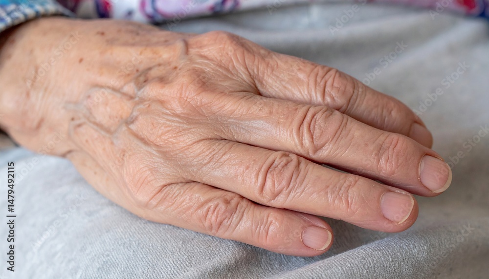 Fototapeta premium A poignant close-up of an elderly person's hand, with visible wrinkles, veins, and age spots, showcasing the passage of time