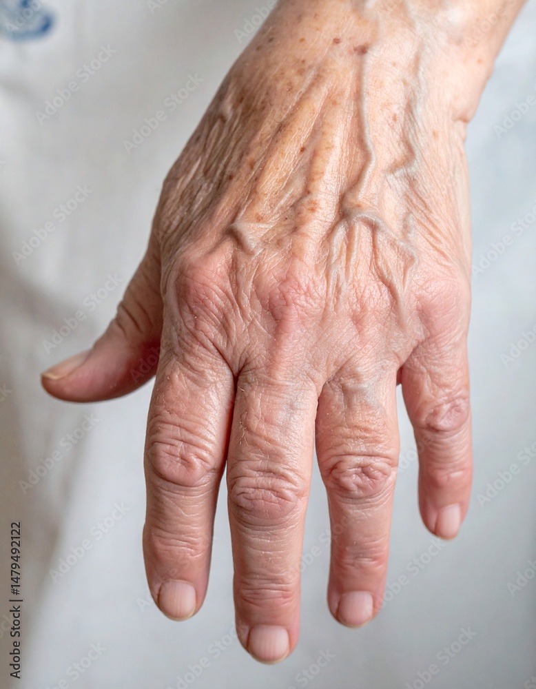 Fototapeta premium A poignant close-up of an elderly person's hand, with visible wrinkles, veins, and age spots, showcasing the passage of time