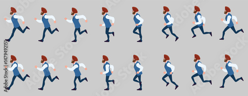 Man Character design. Front, side, back view and explainer animation poses. Character set with lip sync and facial expressions of Happy, angry, sad, Joy with Side walk cycle animation sequence sprite 