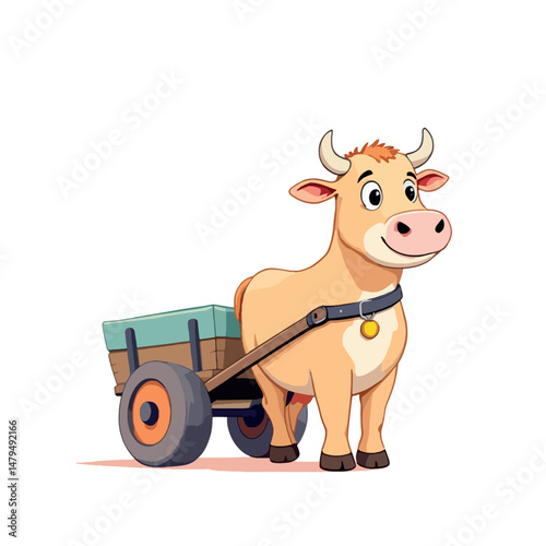 Vsai happy cartoon ox pulling wooden cart illustration