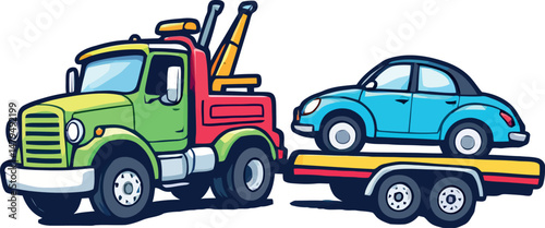 Vsai tow truck carrying damaged light blue car cartoon illustration