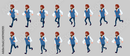 Man Character design. Front, side, back view and explainer animation poses. Character set with lip sync and facial expressions of Happy, angry, sad, Joy with Side walk cycle animation sequence sprite 