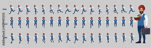 Man Character design. Front, side, back view and explainer animation poses. Character set with lip sync and facial expressions of Happy, angry, sad, Joy with Side walk cycle animation sequence sprite 