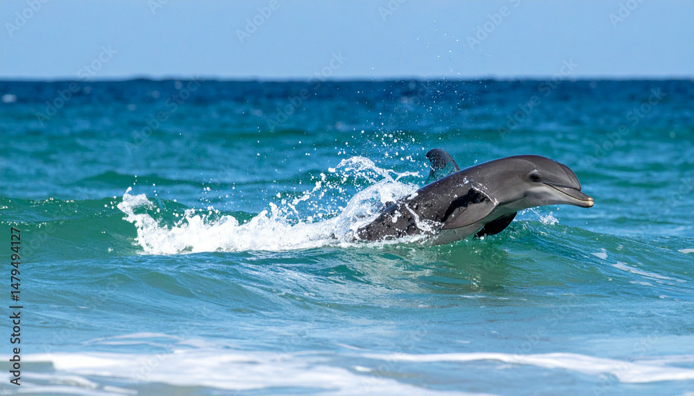 Obraz premium Dolphin leaping from ocean wave, splashing water