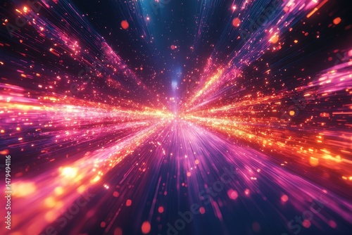 Colorful light trails radiate from the center, creating a vibrant atmosphere in a digital space filled with energy and movement