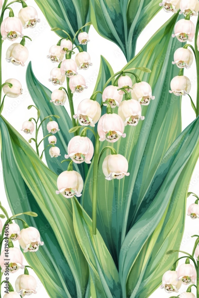 Fototapeta premium Delicate Seamless Pattern of Lily of the Valley Flowers and Leaves