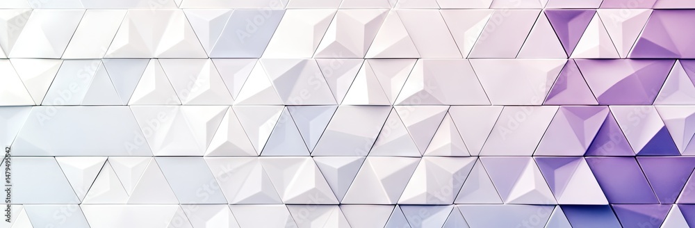Obraz premium A close-up view of patterned ceramic tiles featuring purple and white triangular shapes. showcasing intricate textures and colors in a modern interior design setting