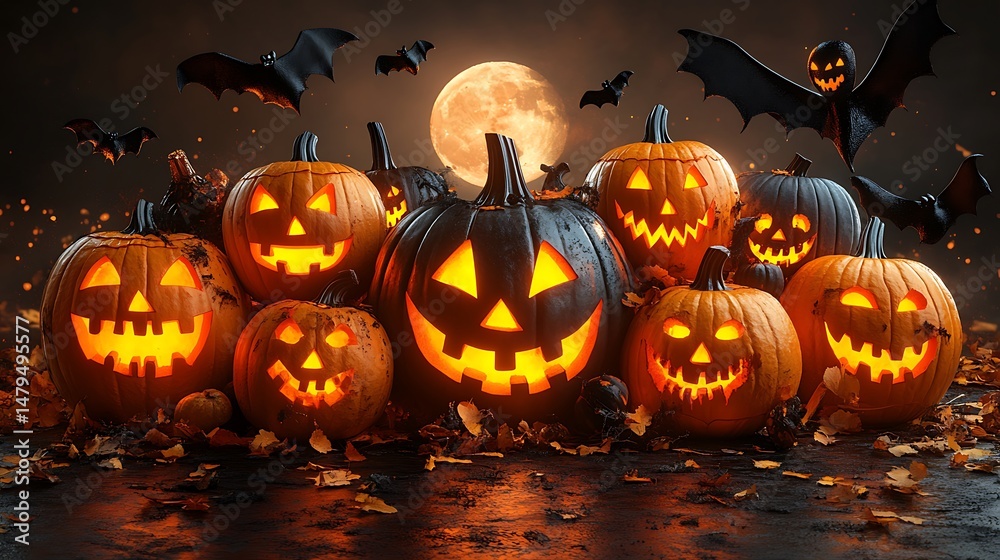 Fototapeta premium Halloween pumpkins under moon