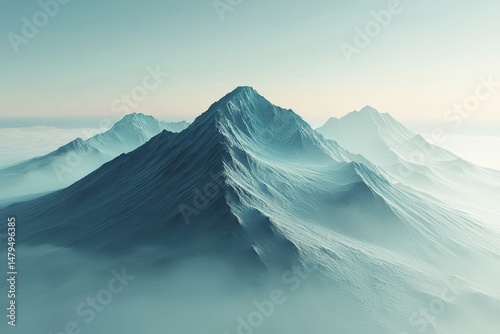 Serene mountain landscape with soft mist covering peaks in early morning light over a tranquil valley