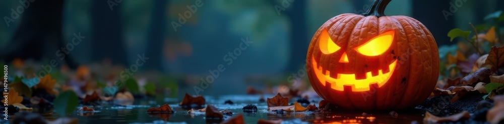Fototapeta premium Evil carved pumpkin glows menacingly by water Fall Halloween decor , october, orange, autumn