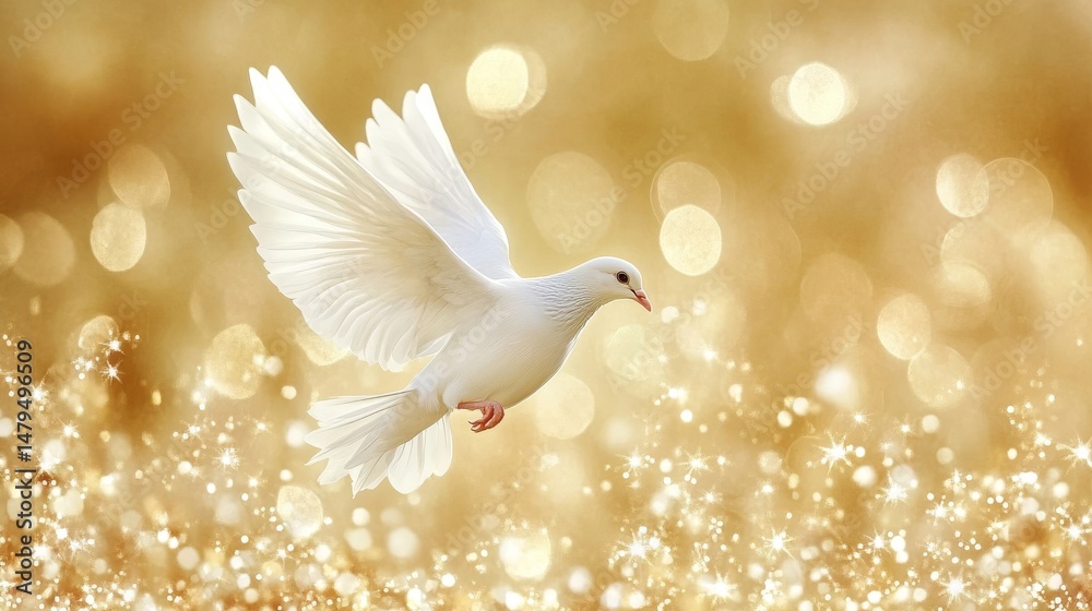 Fototapeta premium A dove in flight with outstretched wings is set against a bright, golden backdrop that features dynamic and abstract smoky designs