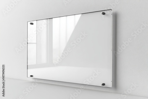 Clear acrylic wall sign holder mounted on a white wall with natural light casting shadows in a modern interior space during the afternoon