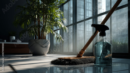3d realistic vector washing of the windows background, with mop and spray product with plant on the window.